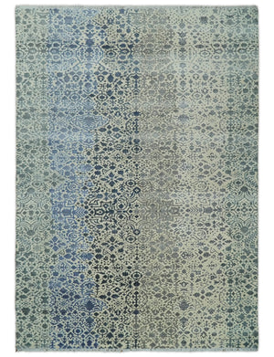 Woolen Modern Contemporray Wool Beige, Blue and Silver Hand knotted Rug