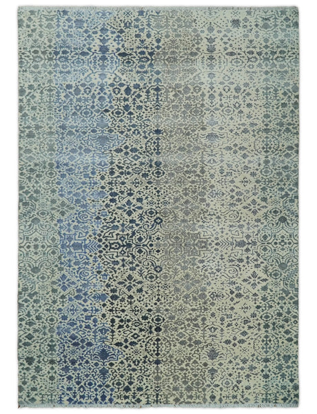 Woolen Modern Contemporray Wool Beige, Blue and Silver Hand knotted Rug