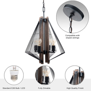 Zenith 4-Light Black & Wood Dimmable Pendant Light
